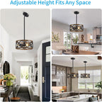 XINGQI Black Ceiling Light Adjustable Height Chandelier Modern Farmhouse Pendant Lighting Fixture Wood Grain Metal 13" Rustic Round Lights for Dining Room Kitchen Bedroom Entryway