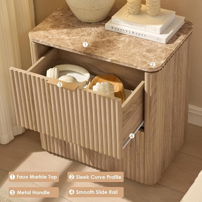 Fluted Nightstand Set of 2, Bedside Table - Image 5
