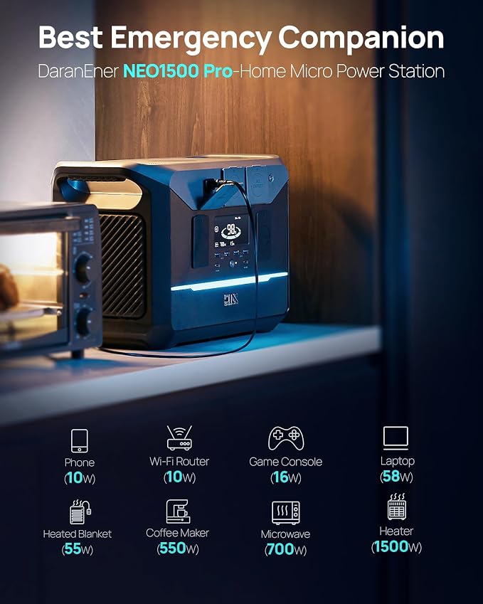 DaranEner Portable Power Station 1382.4Wh LiFePO4 Battery, 1800W Solar Generator - Image 6
