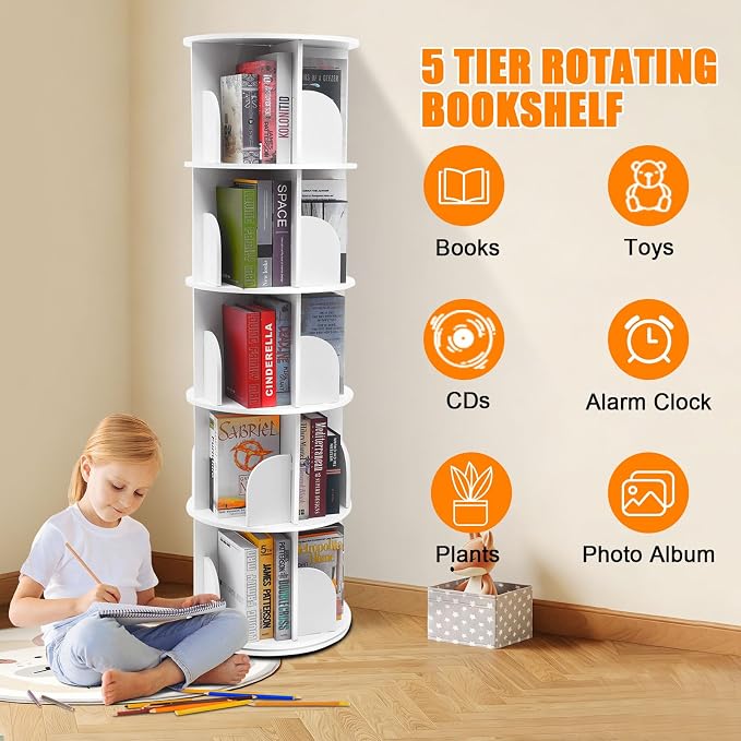 5 Tier Rotating Bookshelf Tower, 360°Spinning Bookshelf Tower, Round Revolving - Image 3