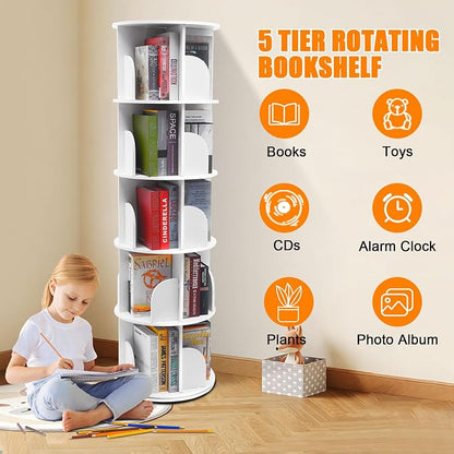 5 Tier Rotating Bookshelf Tower, 360°Spinning Bookshelf Tower, Round Revolving - Image 3