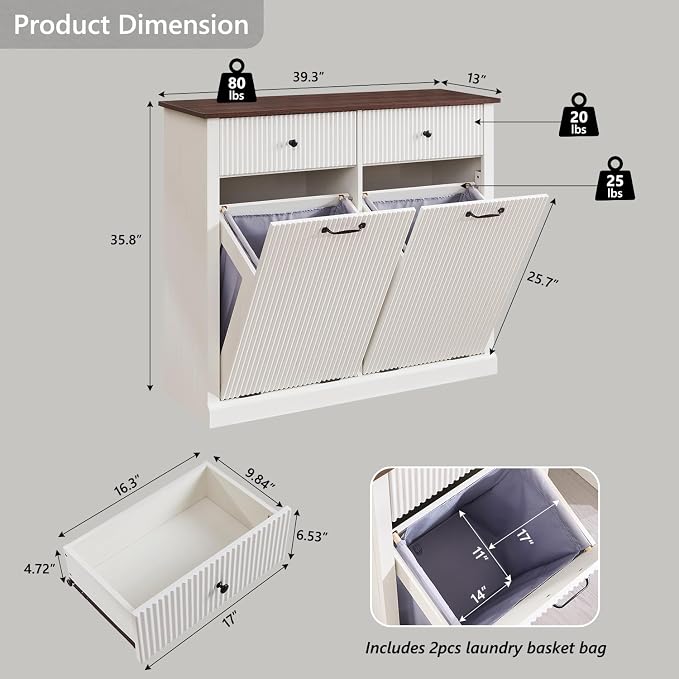 Modern Double Tilt-Out Laundry Hamper Cabinet, 20 Gallon Fluted Trash Can - Image 2