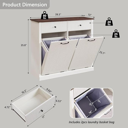 Modern Double Tilt-Out Laundry Hamper Cabinet, 20 Gallon Fluted Trash Can - Image 2