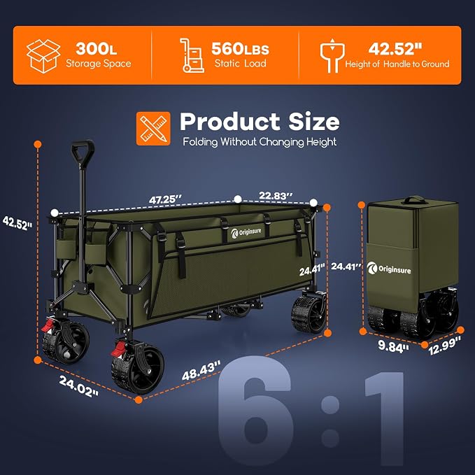 48" L Folding Beach Wagon Cart Foldable, 560lbs Weight Capacity 300L Heavy Duty - Image 2