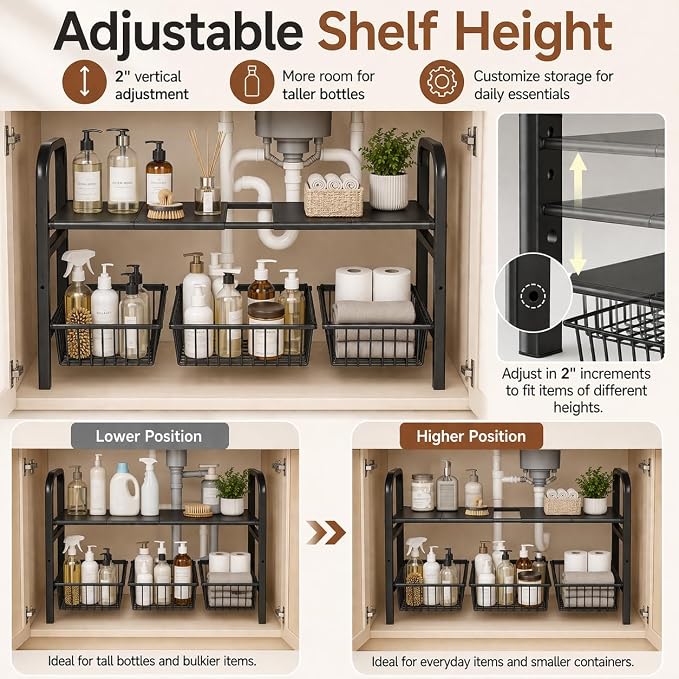 Under Sink Organizer, Expandable 2 Tier Storage Rack, 26.8" to 35.8" Adjustable - Image 6