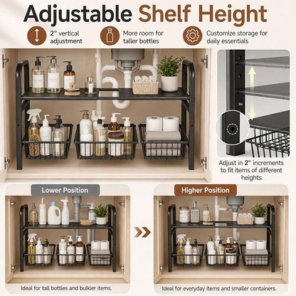 Under Sink Organizer, Expandable 2 Tier Storage Rack, 26.8" to 35.8" Adjustable - Image 6