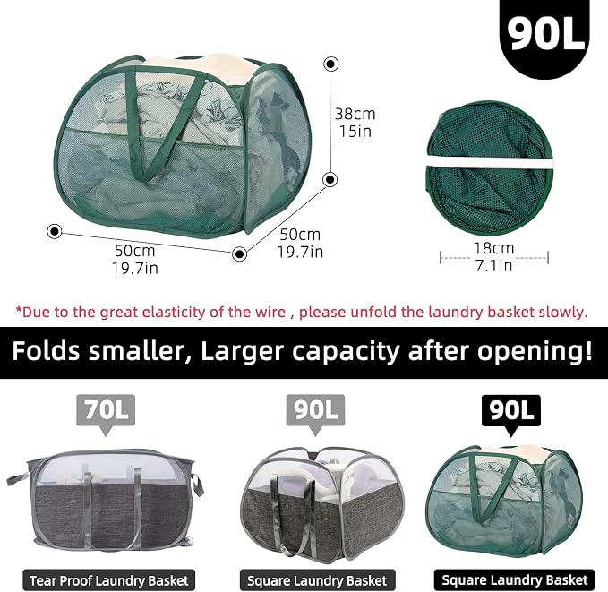 Collapsible Laundry Basket, 90L Mesh Pop-up Hamper - Image 2