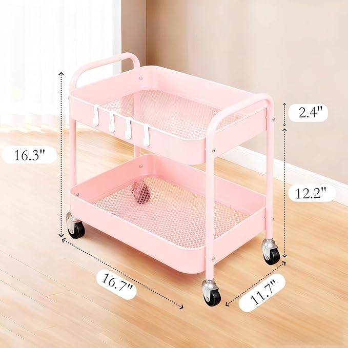 Pink 2 Tier Rolling Cart Metal - Image 5