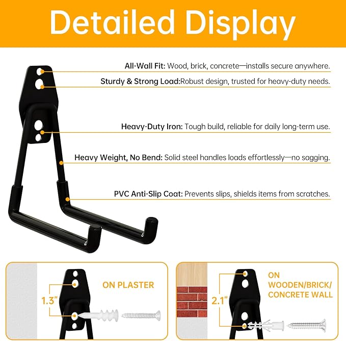 WIN&YING 6 Pack Steel Garage Storage Hooks, Heavy Duty Wall Mounted Storage - Image 3