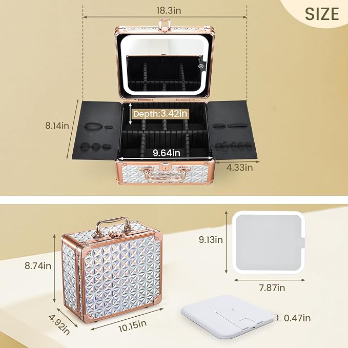 Makeup Train Case with Magnetic LED Mirror Makeup Organizer Box Travel Cosmetic - Image 6