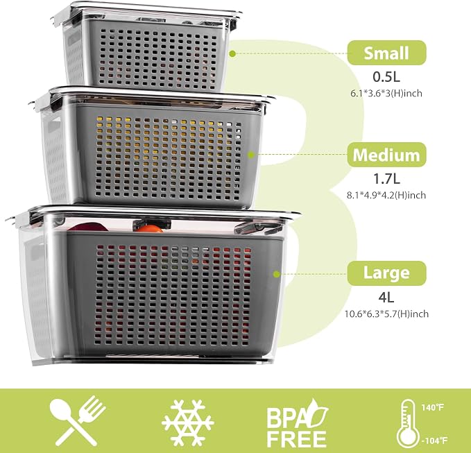 Fresh Fruit Vegetable Storage Containers, 3 Pack Produce Saver Container - Image 2