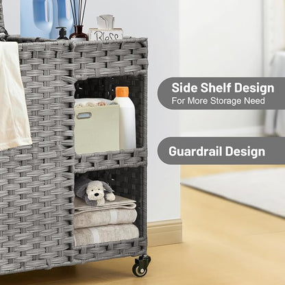 Laundry Hamper with Wheels, 42.3 Gal. Laundry Sorter with Shelves, Rattan - Image 4
