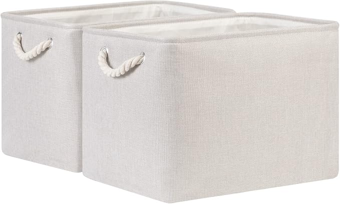 Bidtakay Large Fabric Storage Bins Beige Linen Closet Organizers Set of 2 by BidtakayBaskets