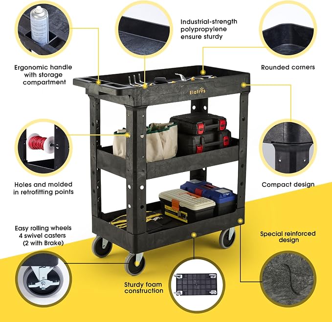 ELAFROS 3 Shelf Heavy Duty Utility Cart, Rolling Work Cart - Image 4