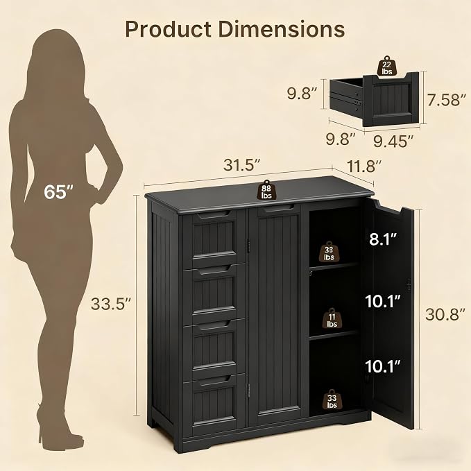 Gizoon Wooden Bathroom Floor Cabinet, Side Storage Organizer Cabinet - Image 3