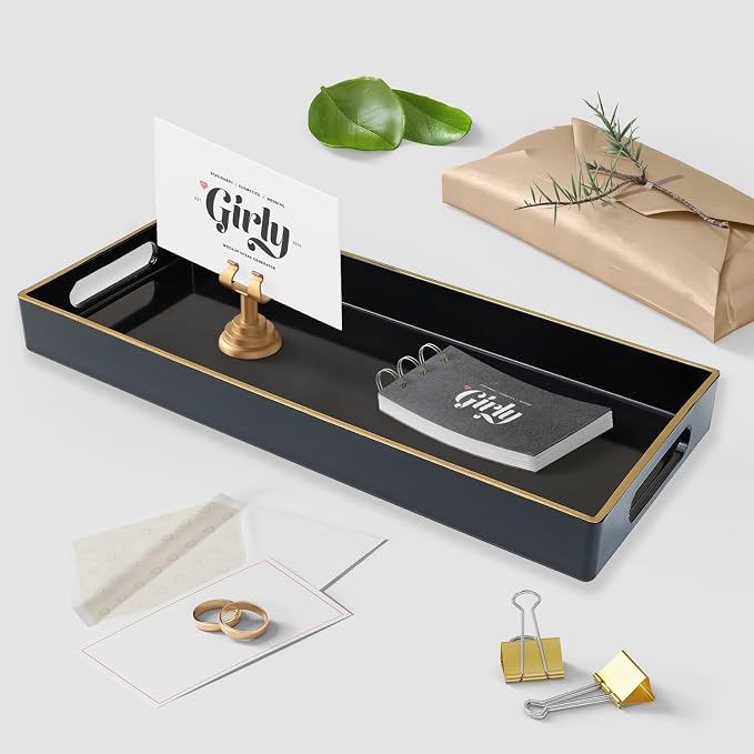 Black Vanity Tray with Handles, Decorative Tray Desktop Storage Organizer - Image 3