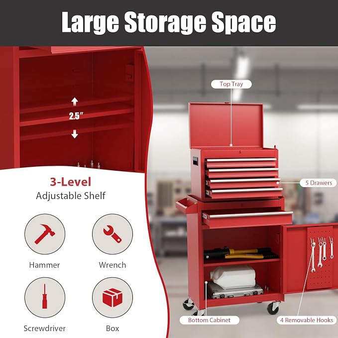 Goplus Tool Chest, 5 Drawers Rolling Tool Cabinet - Image 7