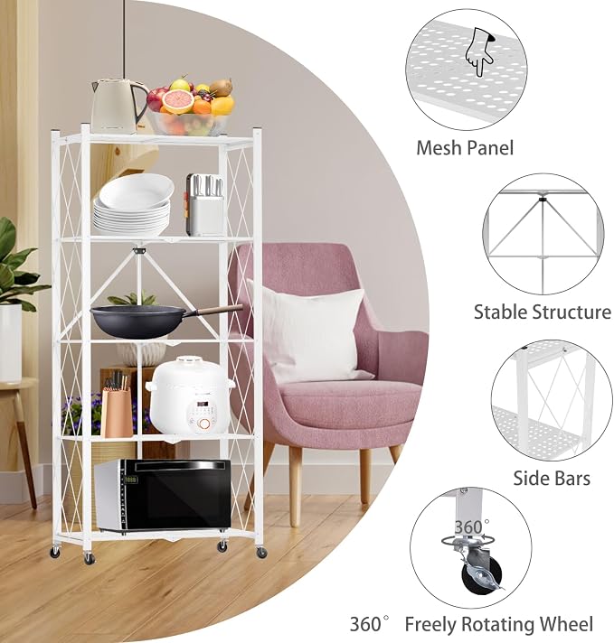 5 Tier Folding Shelf with Wheels, Metal Steel Collapsible Shelves, No Assembly - Image 6