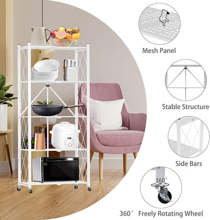 5 Tier Folding Shelf with Wheels, Metal Steel Collapsible Shelves, No Assembly - Image 6
