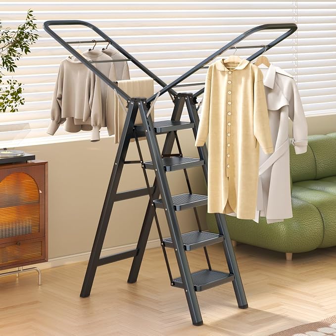 Multi-Functional 5 Step Ladder Used as Clothes Drying Rack, Sturdy Carbon Steel - Image 7