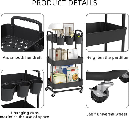 JIUYOTREE 3-Tier Plastic Rolling Storage Cart Utility Cart - Image 7