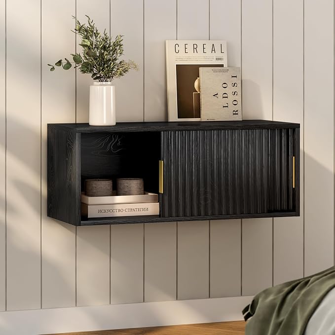 Floating Nightstand with Sliding Doors, Modern Large Night Stand Storage Shelf by EYYTHUNG