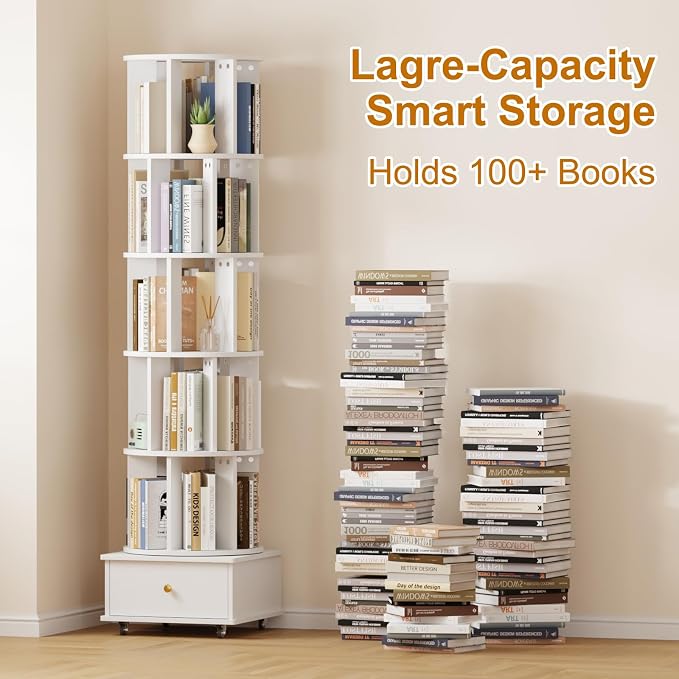 Rotating Bookshelf with Drawers on Lockable Wheels Wood White | 6 Tier Spinning - Image 6