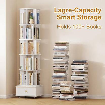 Rotating Bookshelf with Drawers on Lockable Wheels Wood White | 6 Tier Spinning - Image 6