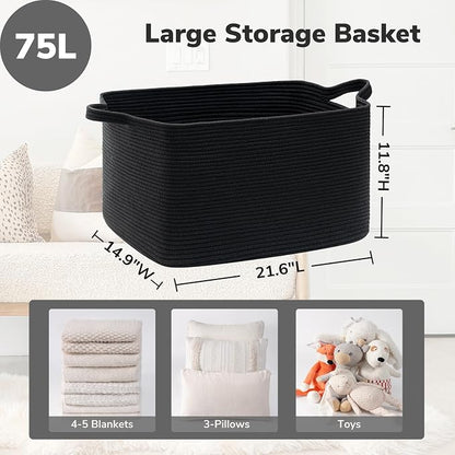 Goodpick Large Blanket Basket Living Room, 21.6" x 14.9" x 11.8" Woven Storage - Image 3