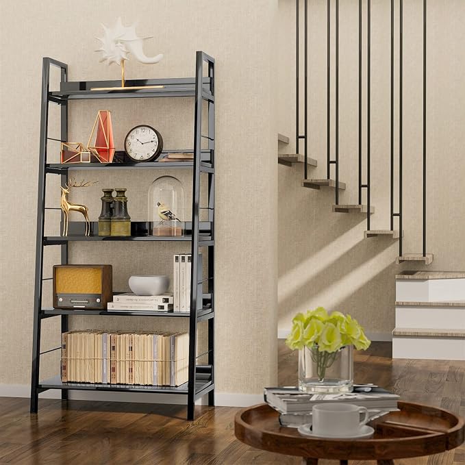 Himimi Black Ladder Bookshelf, 5 Shelf Bookcase Industrial Bookshelf Wood and - Image 7