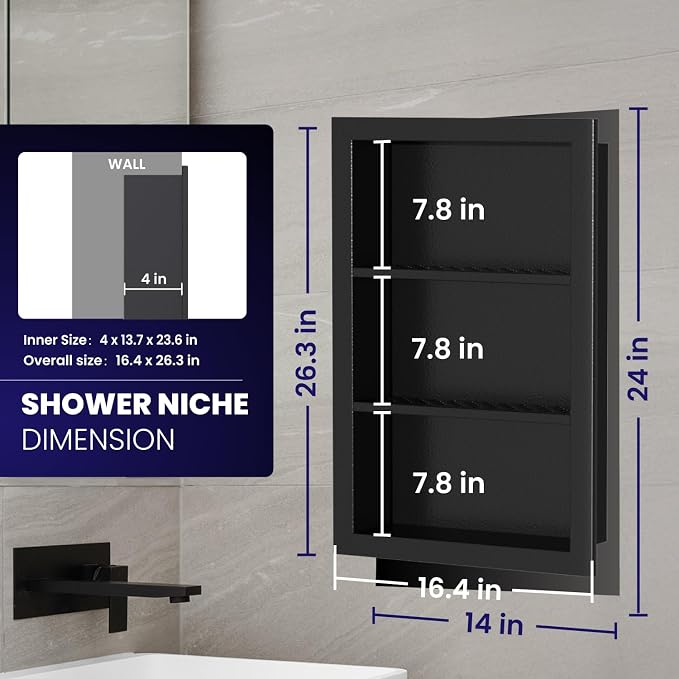 14" x 24" Stainless Steel Shower Niche, 3-Tier Waterproof Shelves, No-Tile - Image 3