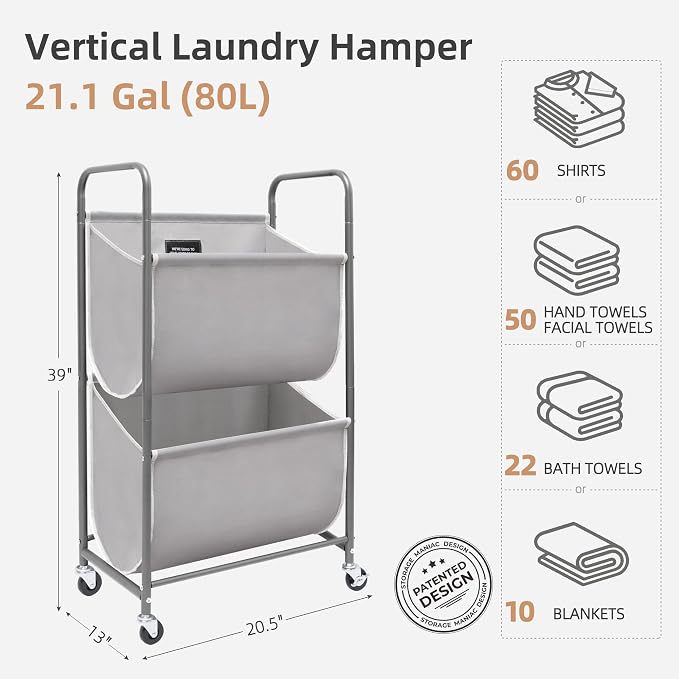 STORAGE MANIAC 80 Liters Vertical Rolling Laundry Hamper, 2 Section Laundry - Image 6