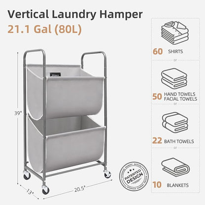 STORAGE MANIAC 80 Liters Vertical Rolling Laundry Hamper, 2 Section Laundry - Image 6