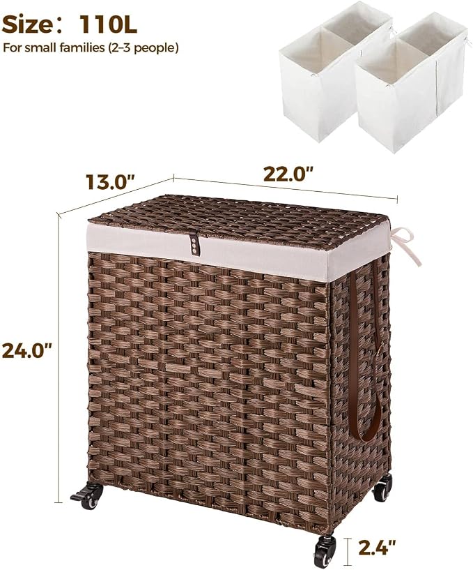 Greenstell Laundry Hamper with Wheels, No Install Needed, 110L Divided - Image 5