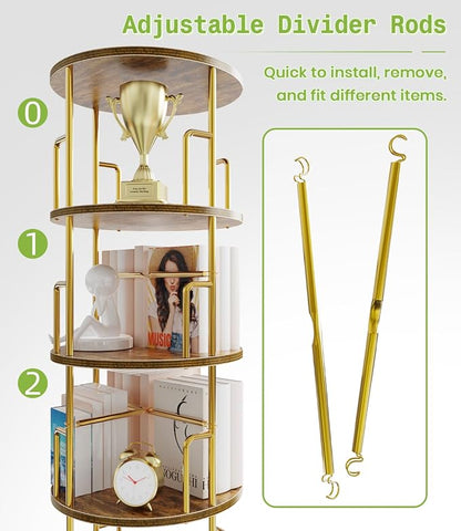 3 Tier Rotating Bookshelf Tower Round Gold, 37” Floor Standing Spinning - Image 4