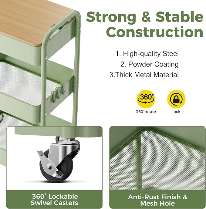 3 Tier Rolling Cart with Table top, Metal Rolling Utility Cart, Sturdy Storage - Image 2
