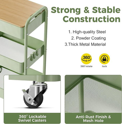 3 Tier Rolling Cart with Table top, Metal Rolling Utility Cart, Sturdy Storage - Image 2