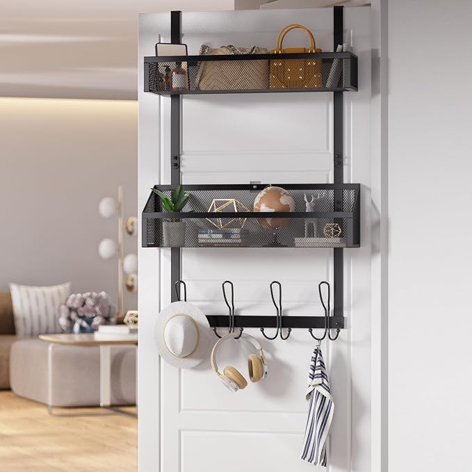 2-Tier Over Door Hook & Basket Organizer 12 Hooks + 2 Mesh Baskets - Image 7