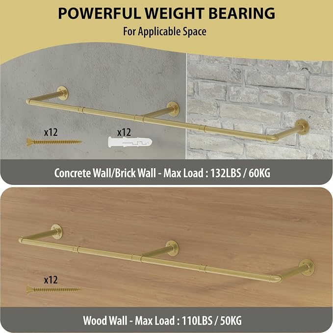 Wall Mounted Clothes Rack, Heavy Duty Gold Garment Rack Bar, Dressing Room - Image 3