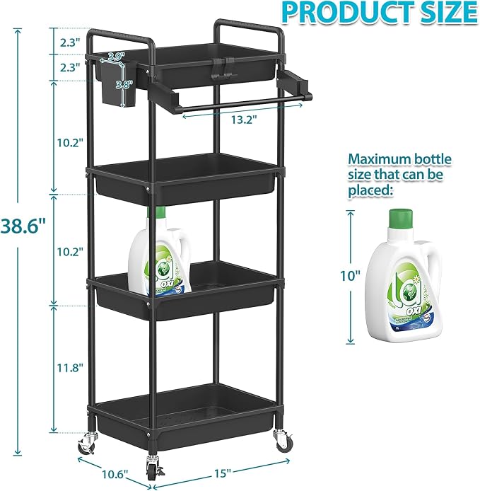 SPACEKEEPER Rolling Storage Cart, 4-Tier Bathroom Organizer Utility Cart - Image 4