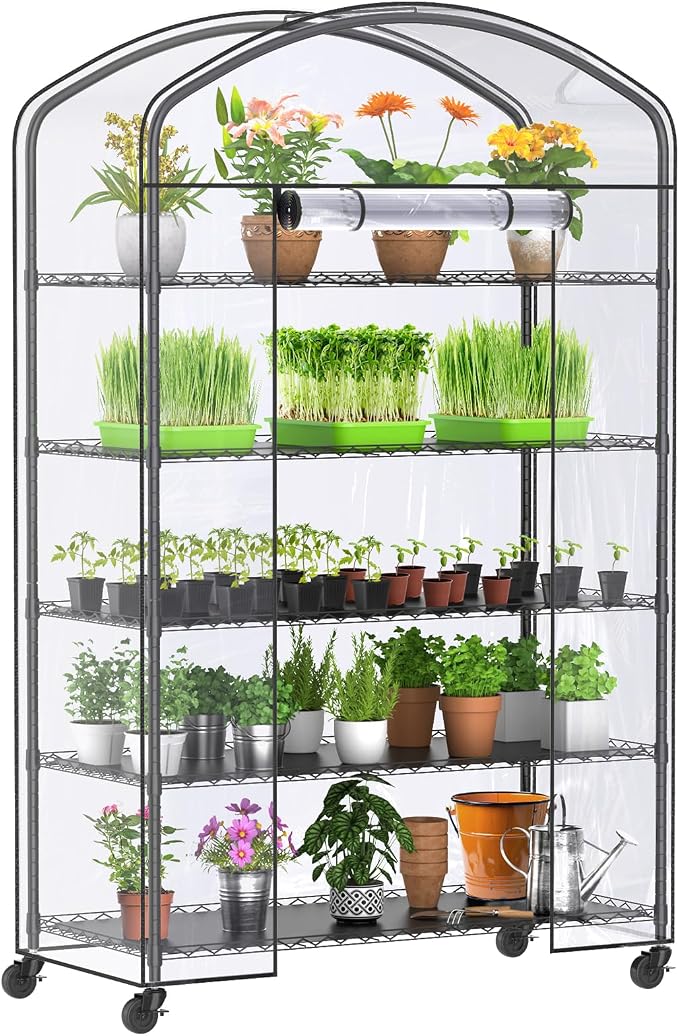 5-Tier Greenhouse with Caster Wheel, Each Shelf Height Adjustable Metal Plant by Abimars
