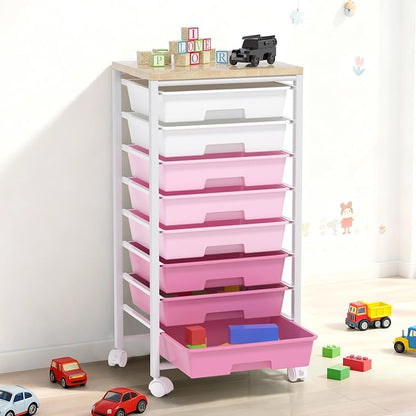 Rolling Cart with 8 Drawers, Storage Drawers Cart with Wooden Tabletop and - Image 7