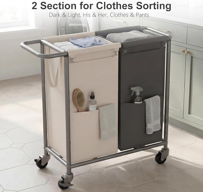 Heybly 2-Section Laundry Sorter Hamper, Rolling Laundry Hamper - Image 6