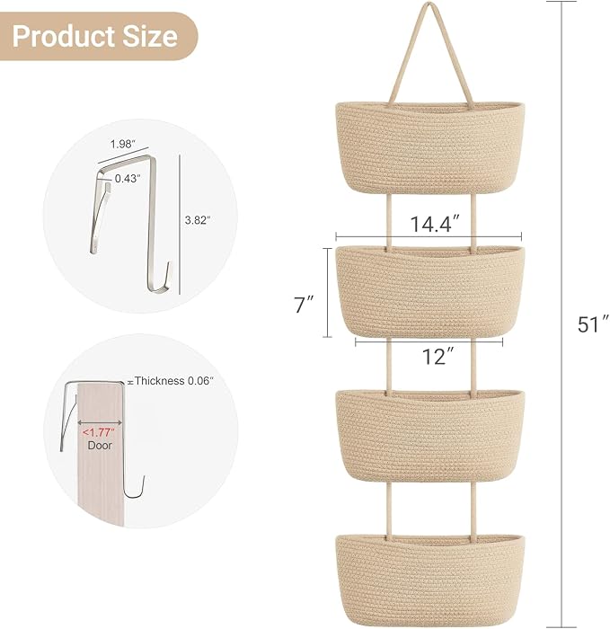Dahey Over The Door Hanging Basket Storage 4-Tier Woven Wall Basket, Jute | - Image 2