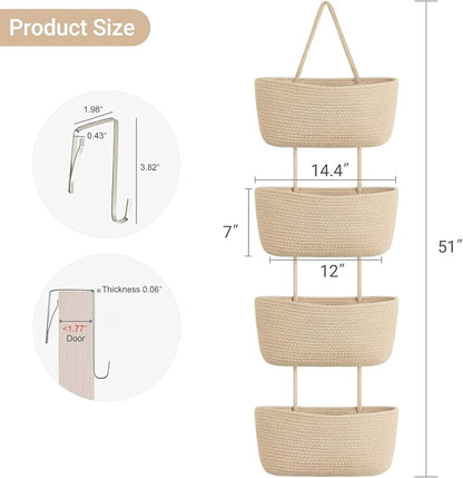 Dahey Over The Door Hanging Basket Storage 4-Tier Woven Wall Basket, Jute | - Image 2