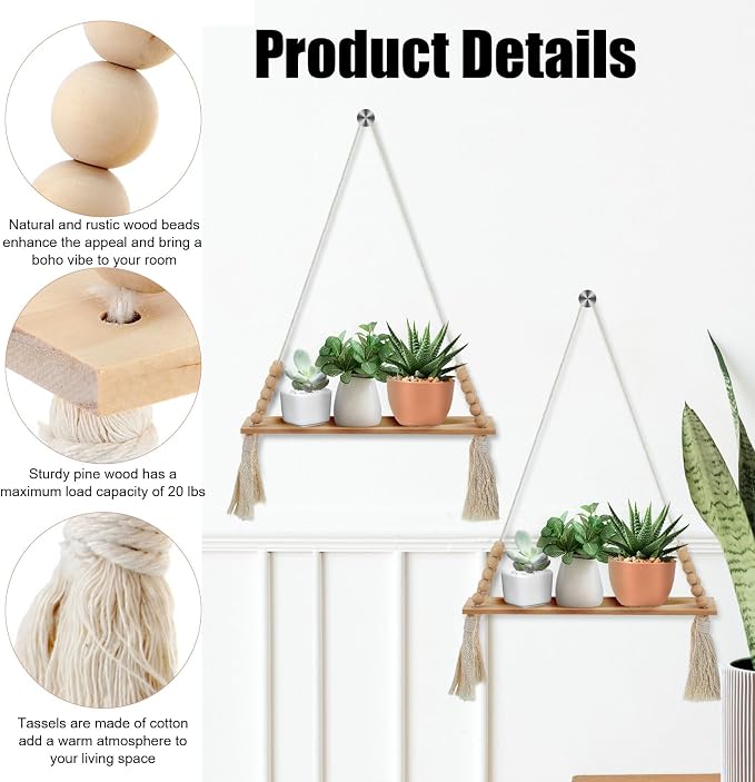 2 Pcs Wooden Wall Hanging Shelves, Macrame Hanging Plant Shelf - Image 4