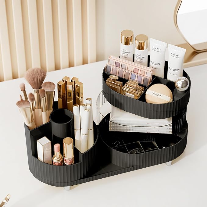 Rotating Vanity Organizer with Brush Holder and Drawer, 3 Layer Cosmetic - Image 2