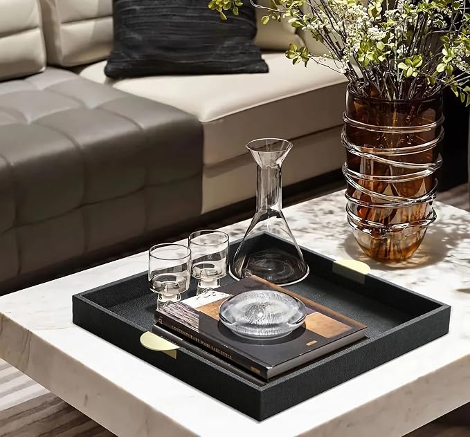 HofferRuffer Faux Leather Decorative Serving Tray, Elegant Coffee Table Ottoman - Image 6