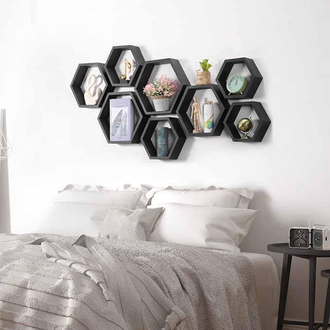 CADUKE Hexagon Floating Shelves Set of 8, Hanging Shelf Storage Racks, Living - Image 5