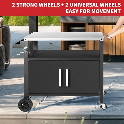 Grill Cart Table with Big Storage Cabinet, Movable Outdoor Dining Cart Pizza - Image 5